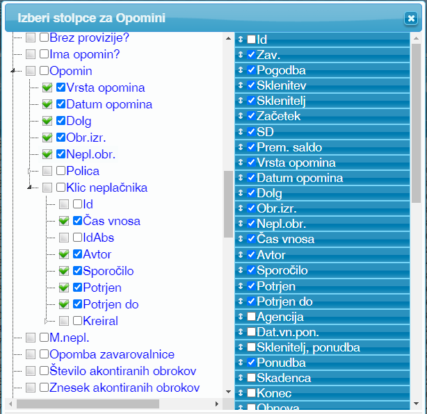 Stolpci s podatki o opominih