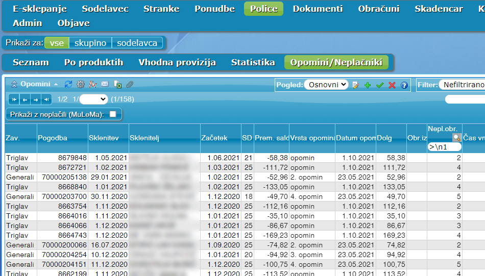 Stolpci s podatki o opominih